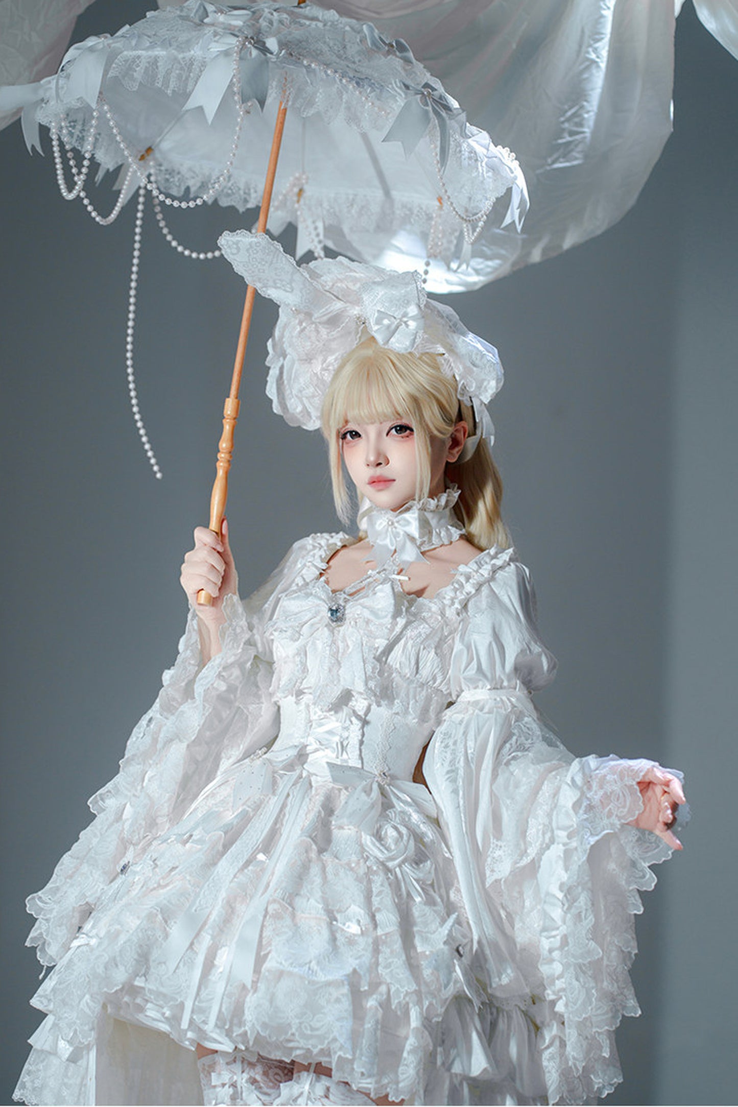【7月19日予約締切】ホワイト/ブラックウエディングロリータドレスフルセット（JKSドレス＋姫袖ブラウス＋ロングオーバーレイ＋リボンアクセサリー）