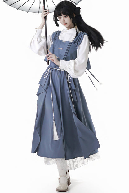 Blaues neues Set aus chinesisch inspiriertem, mehrlagigem asymmetrischem Hemd und langem Rock
