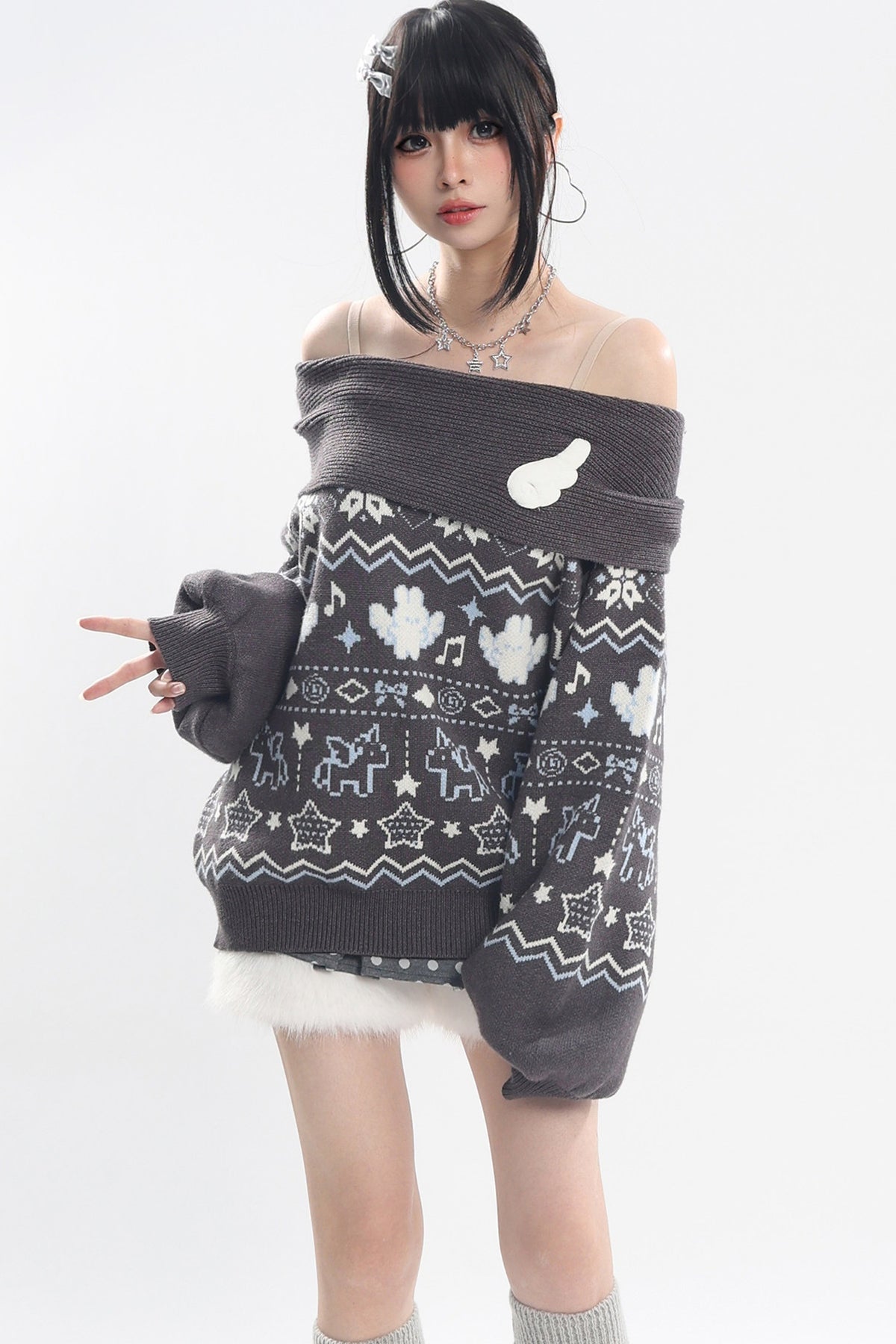 Fair Isle Off-Shoulder Sweater