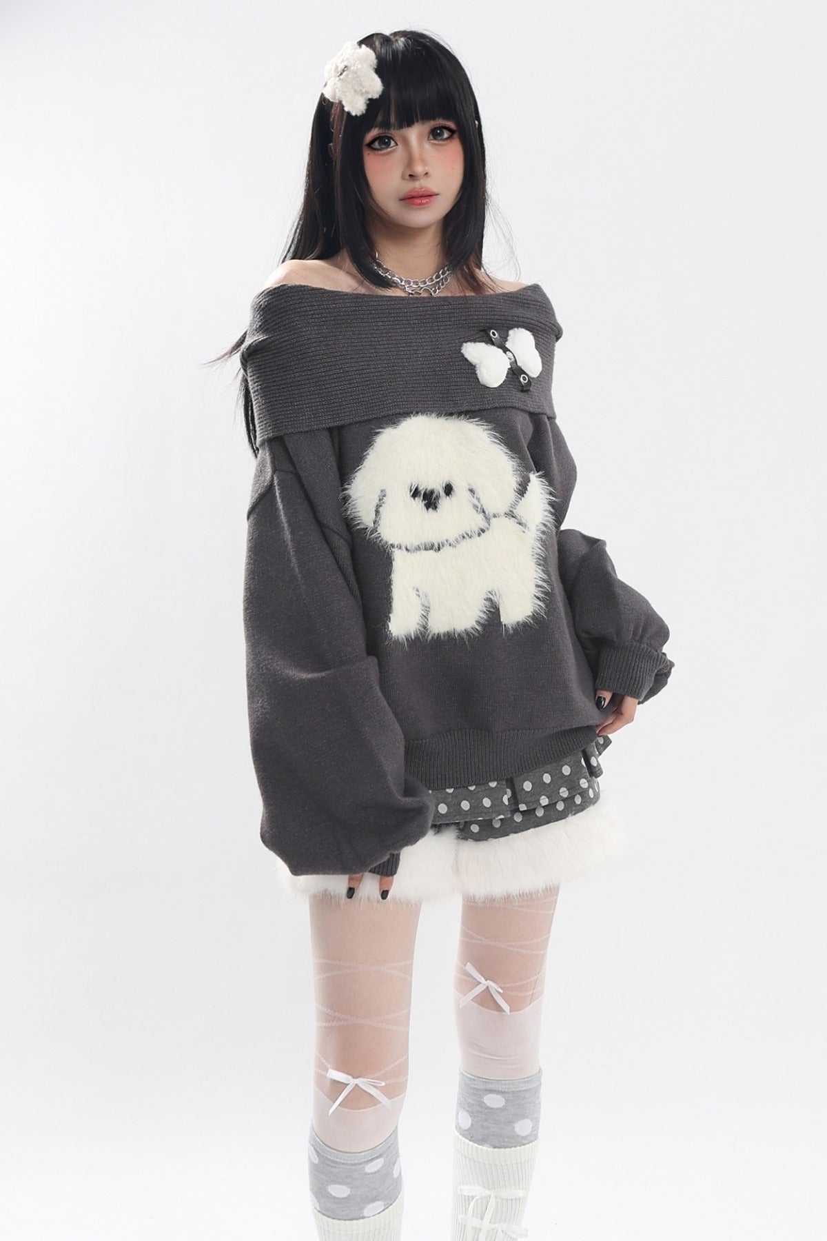 Dog Off-Shoulder Sweater