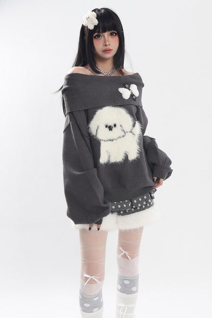 Dog Off-Shoulder Sweater