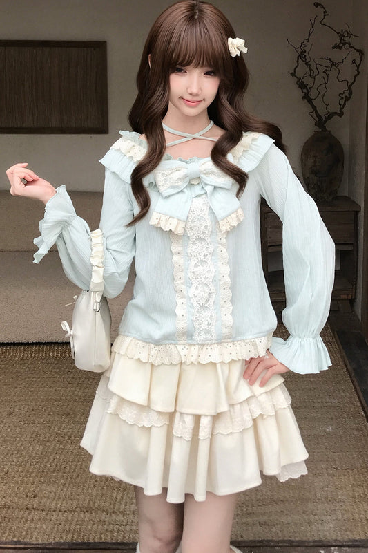 Long-Sleeve Lace Knit Top and Skirt Set