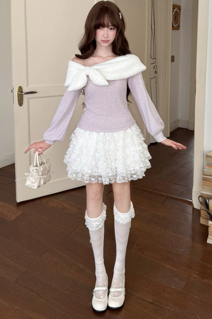 Fliederfarbenes Stricktop und Rock-Set
