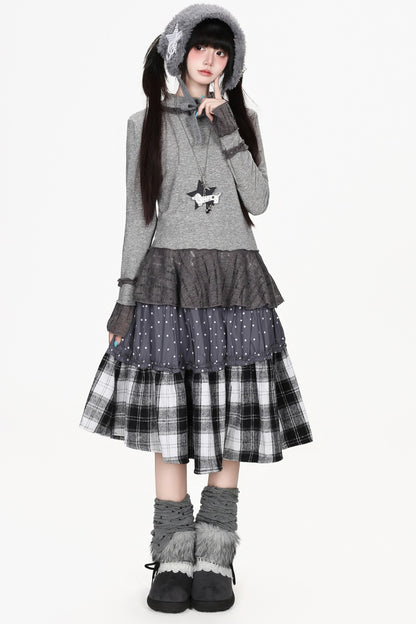 Patchwork Polka Dot Plaid Skirt