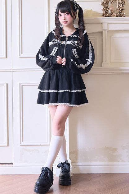 Giacca con cappuccio in pizzo stile subculture jirai + gonna + pantaloni