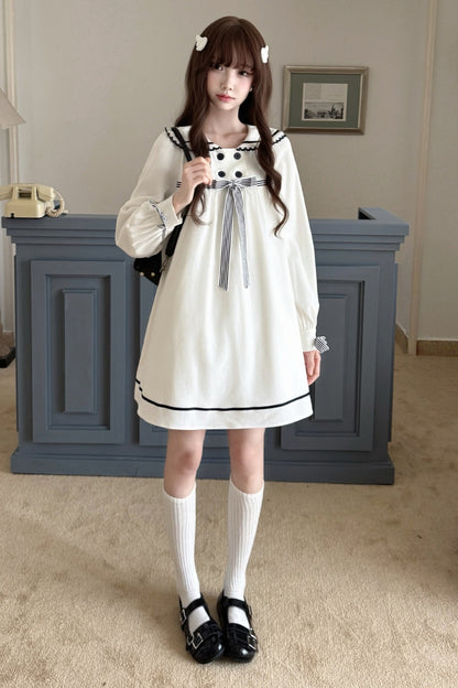 Navy Collar Long Sleeve A-Line Dress