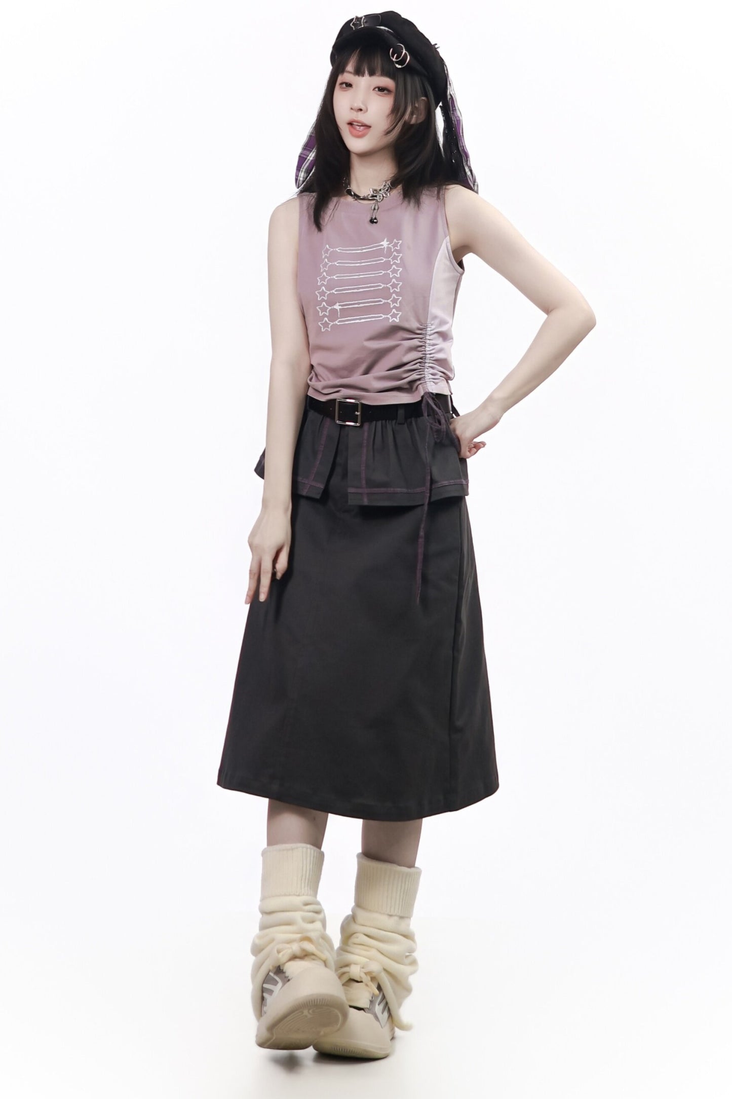 Gray-Purple T-Shirt With Skirt and Pants Set-Up