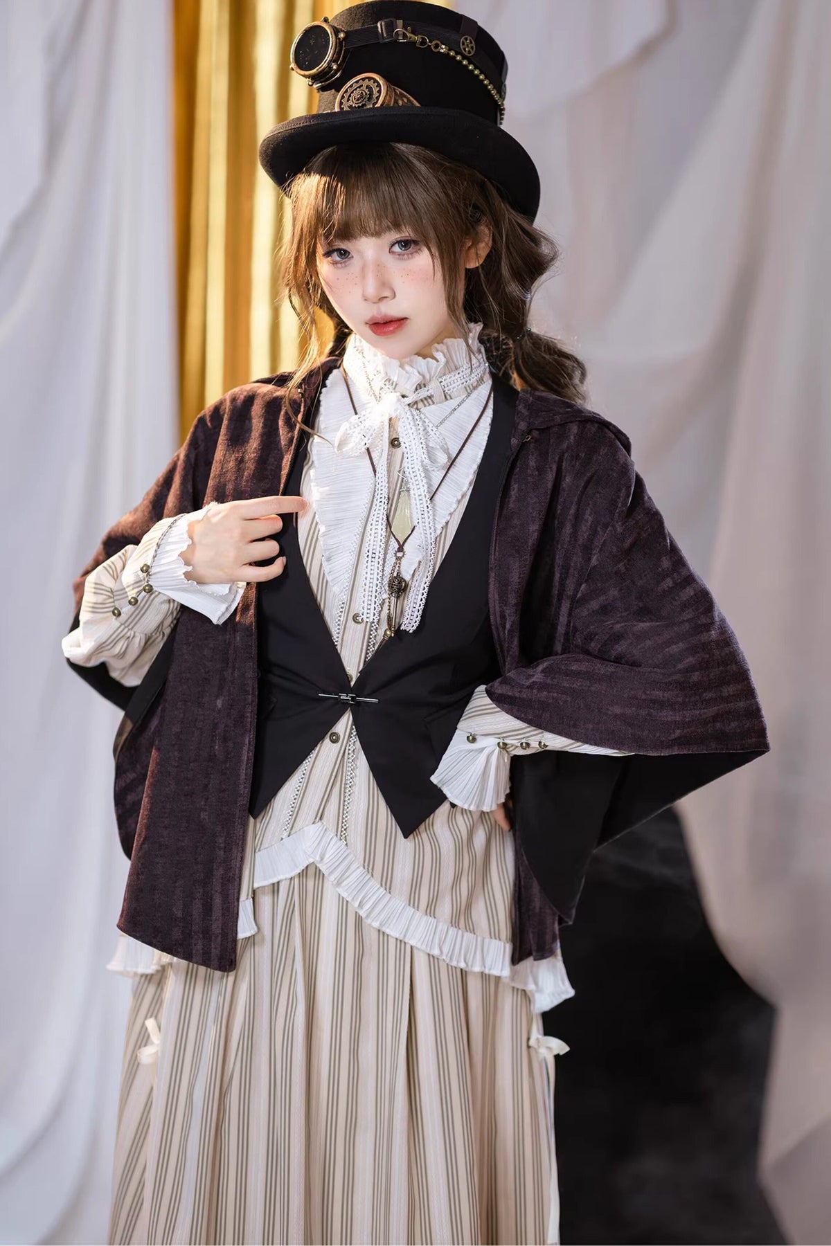 Purple Black Striped Velvet Hooded Cape