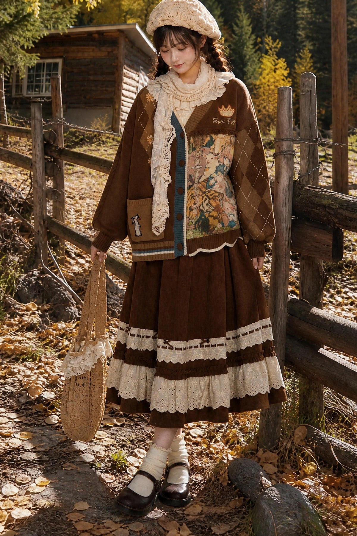 Vintage Oil Painting Knit Cardigan And Skirt
