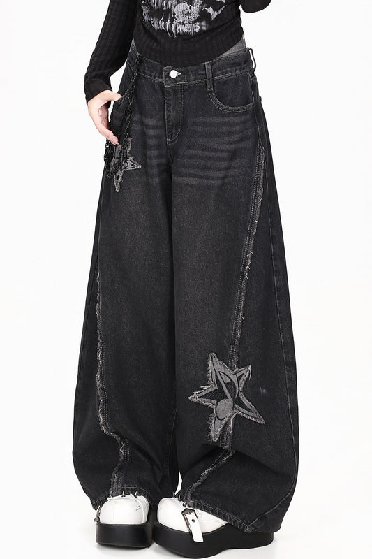 Washed Star Patch Wide-Leg Jeans