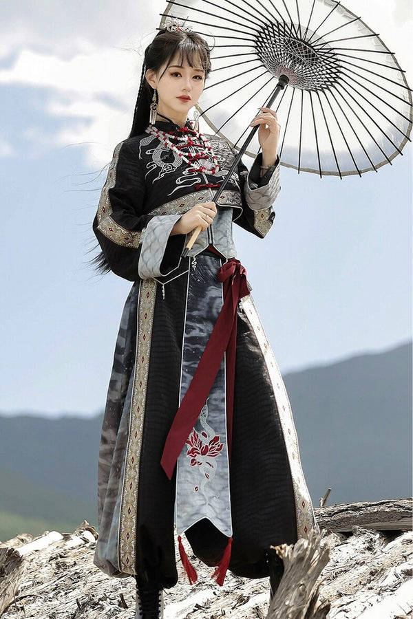 Black Martial Arts Hanfu Top and Pants Set-Up