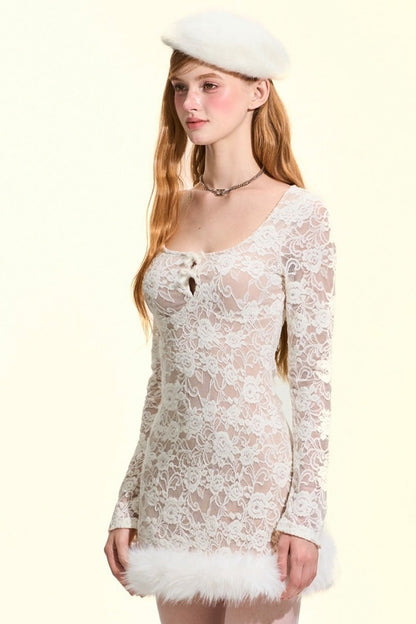 Lace Fur-Trimmed Long Sleeve Dress