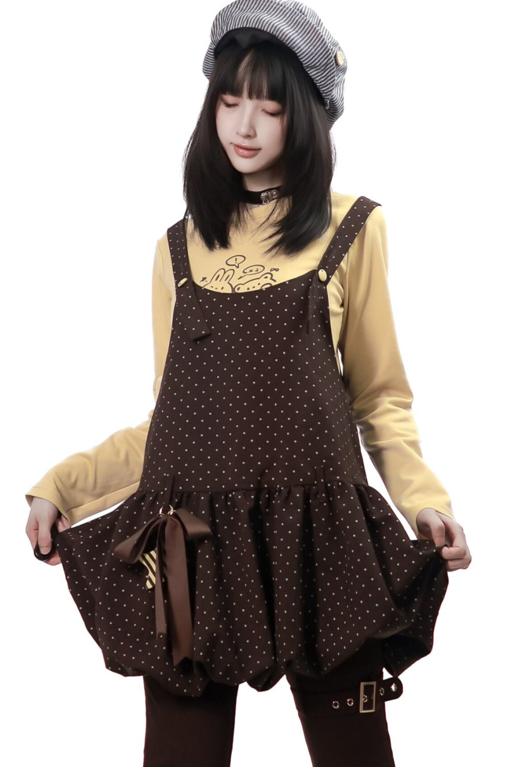 Polka Dot Floral Bud Suspender Dress and Long Sleeve Set-Up
