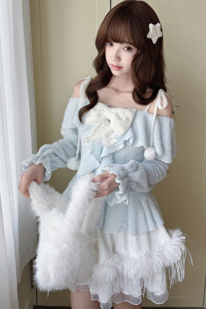 Off-Shoulder Ruffle Knit Top Set
