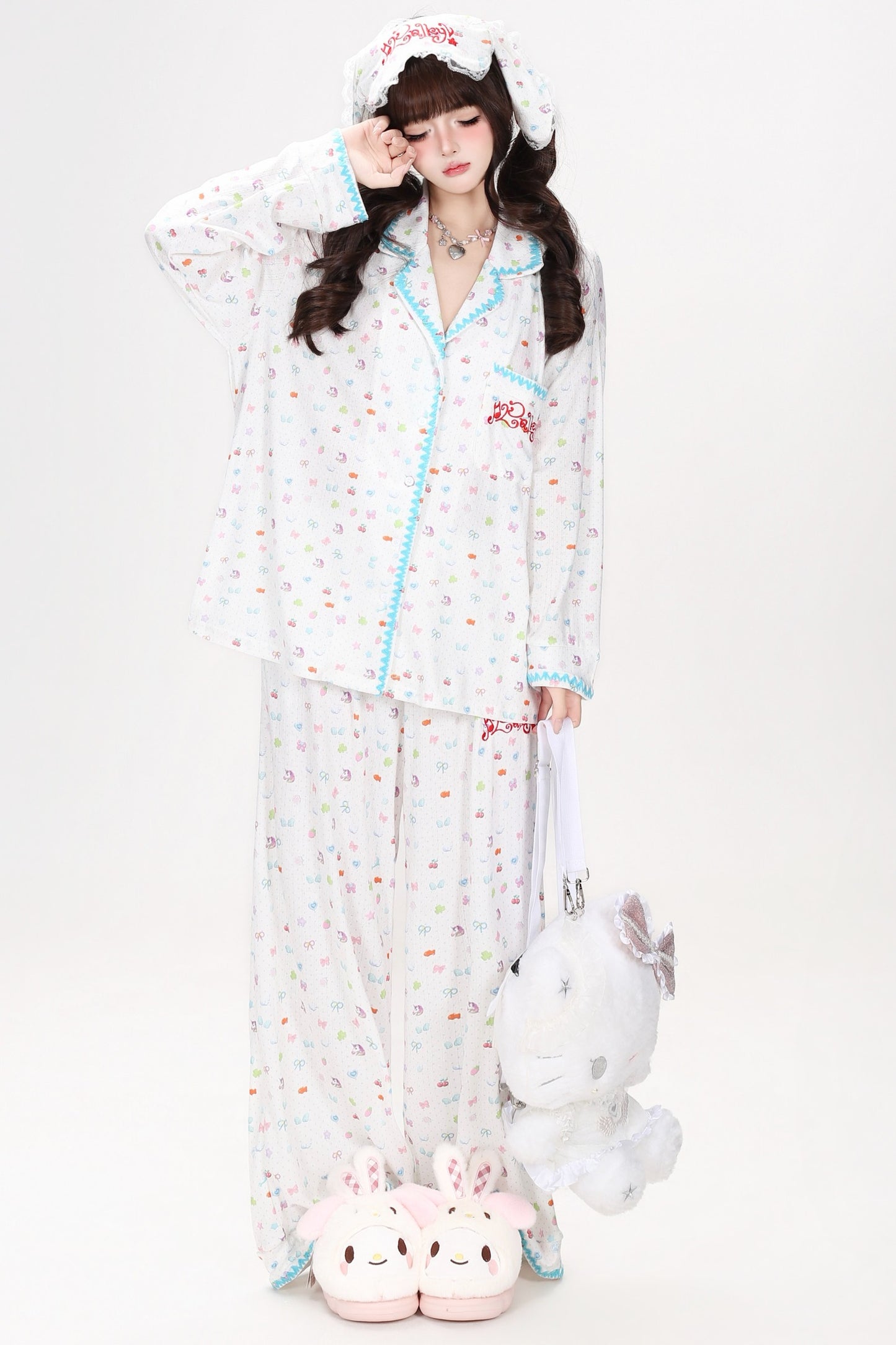 Colorful Bunny Print Long-Sleeved Pajama Top Set