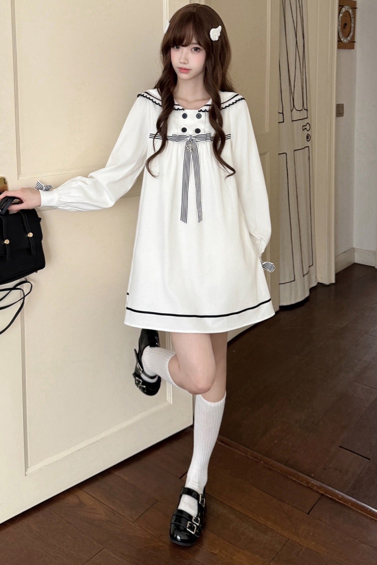 Navy Collar Long Sleeve A-Line Dress