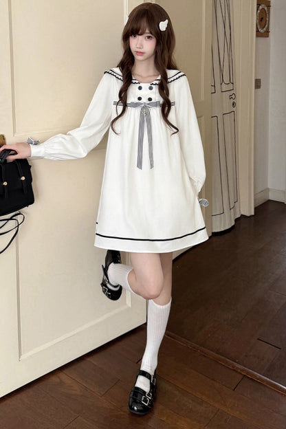 Navy Collar Long Sleeve A-Line Dress