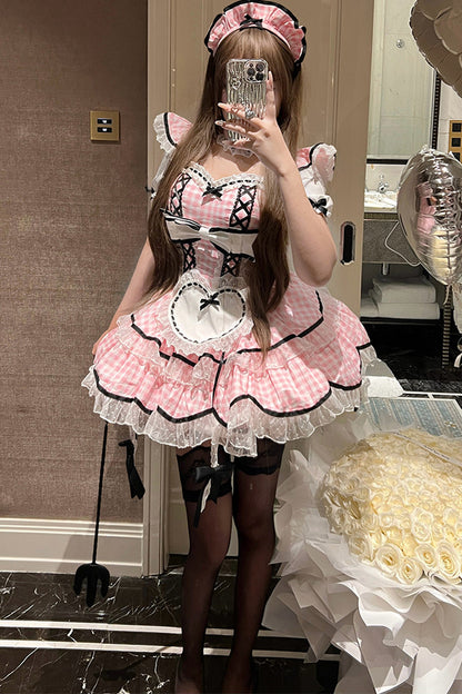 うさみみピンクギンガムメイドドレス