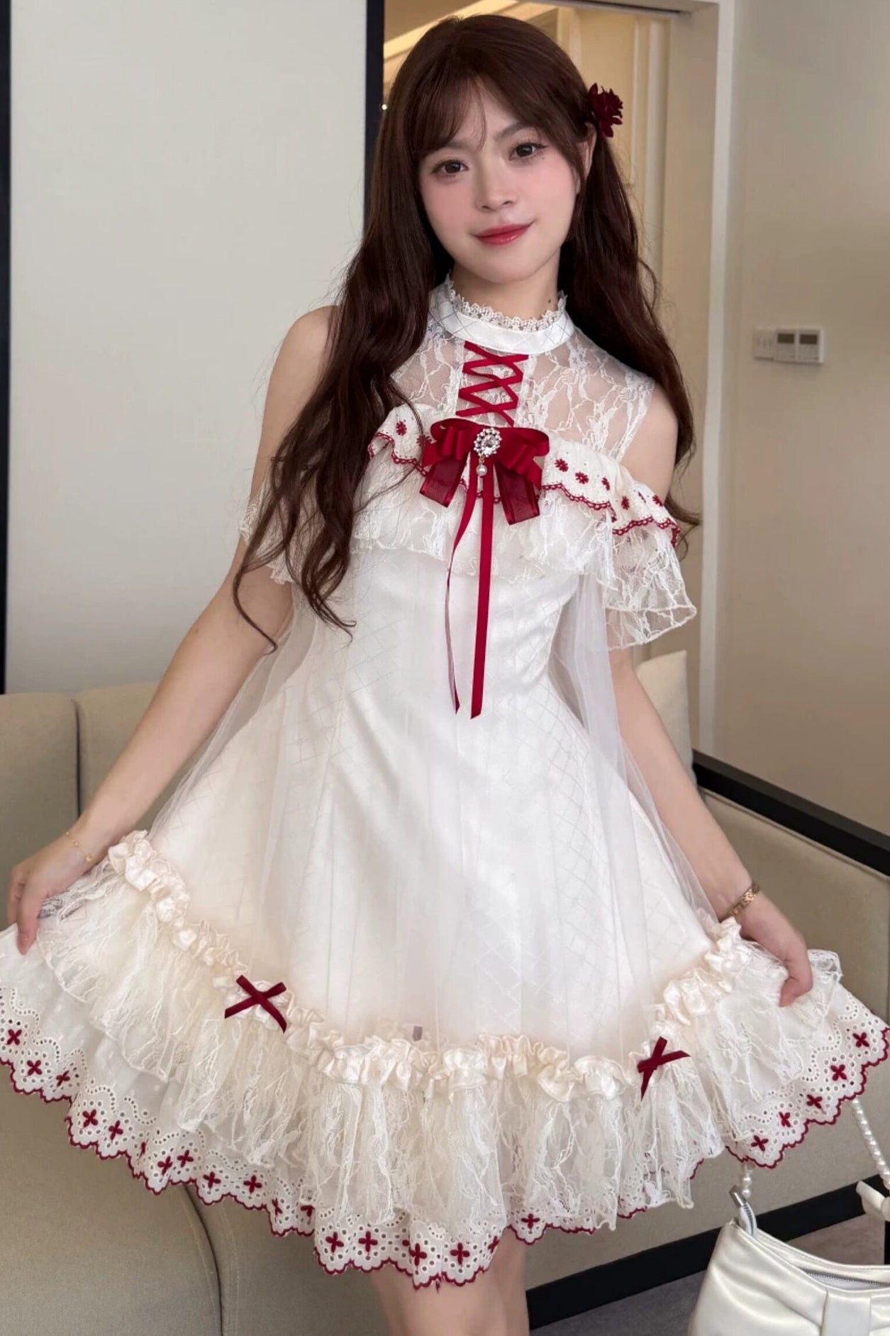 ボルドーリボンレースドールワンピース