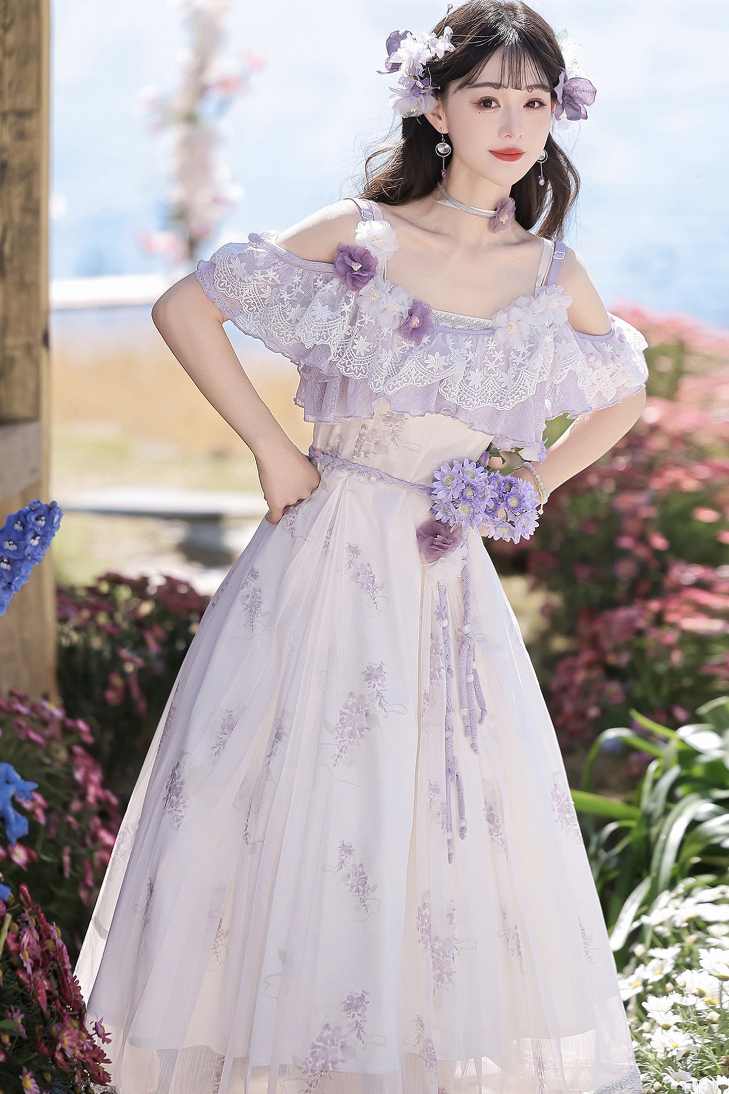 Wisteria Flower New Chinese Style Suspender Skirt and Top Set