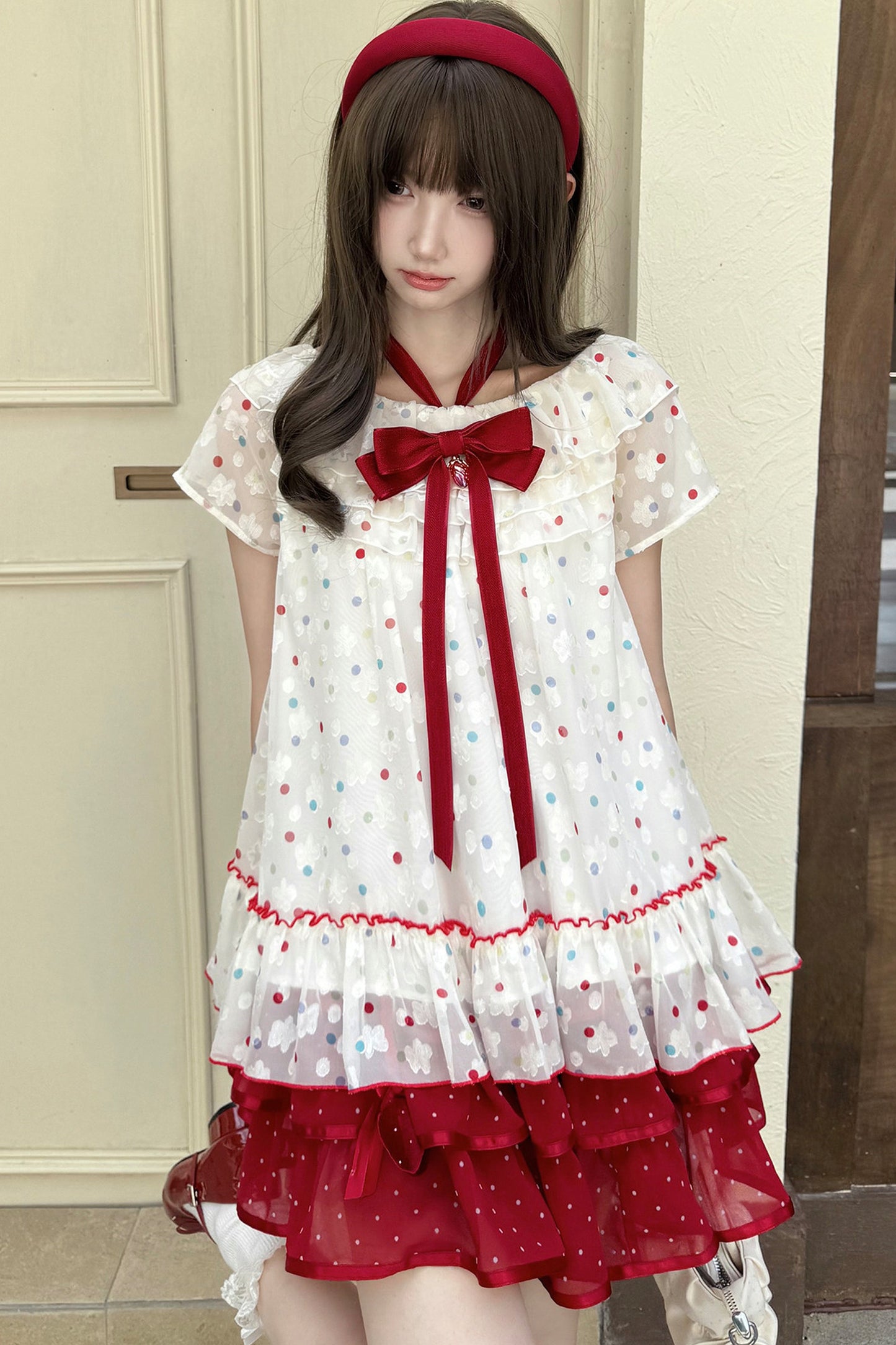 Berry Rococo Polka Dot Floral Short Top and Skirt Set-Up