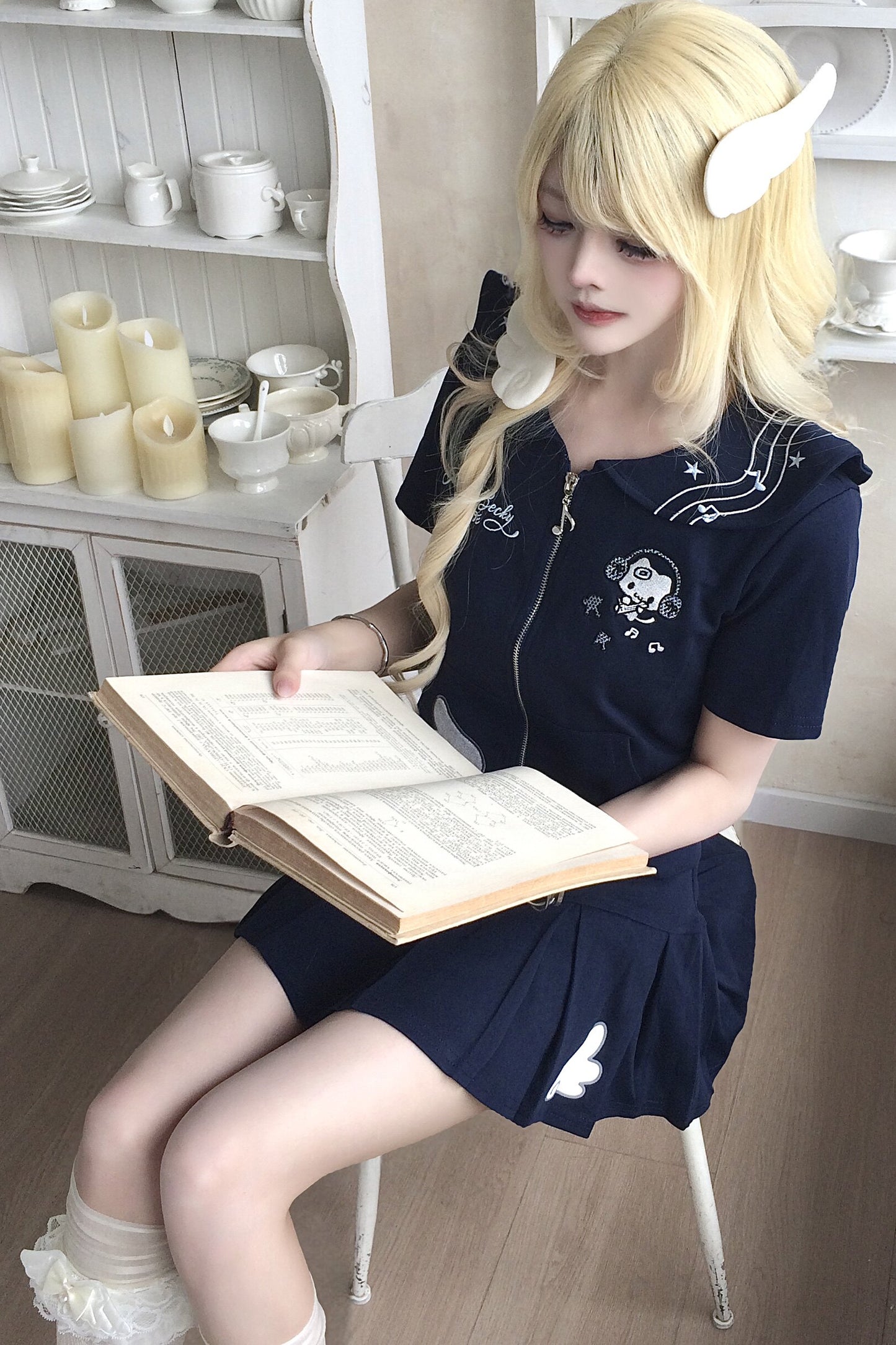 Collar Zipper Cardigan and Pleated Skirt Set-Up
