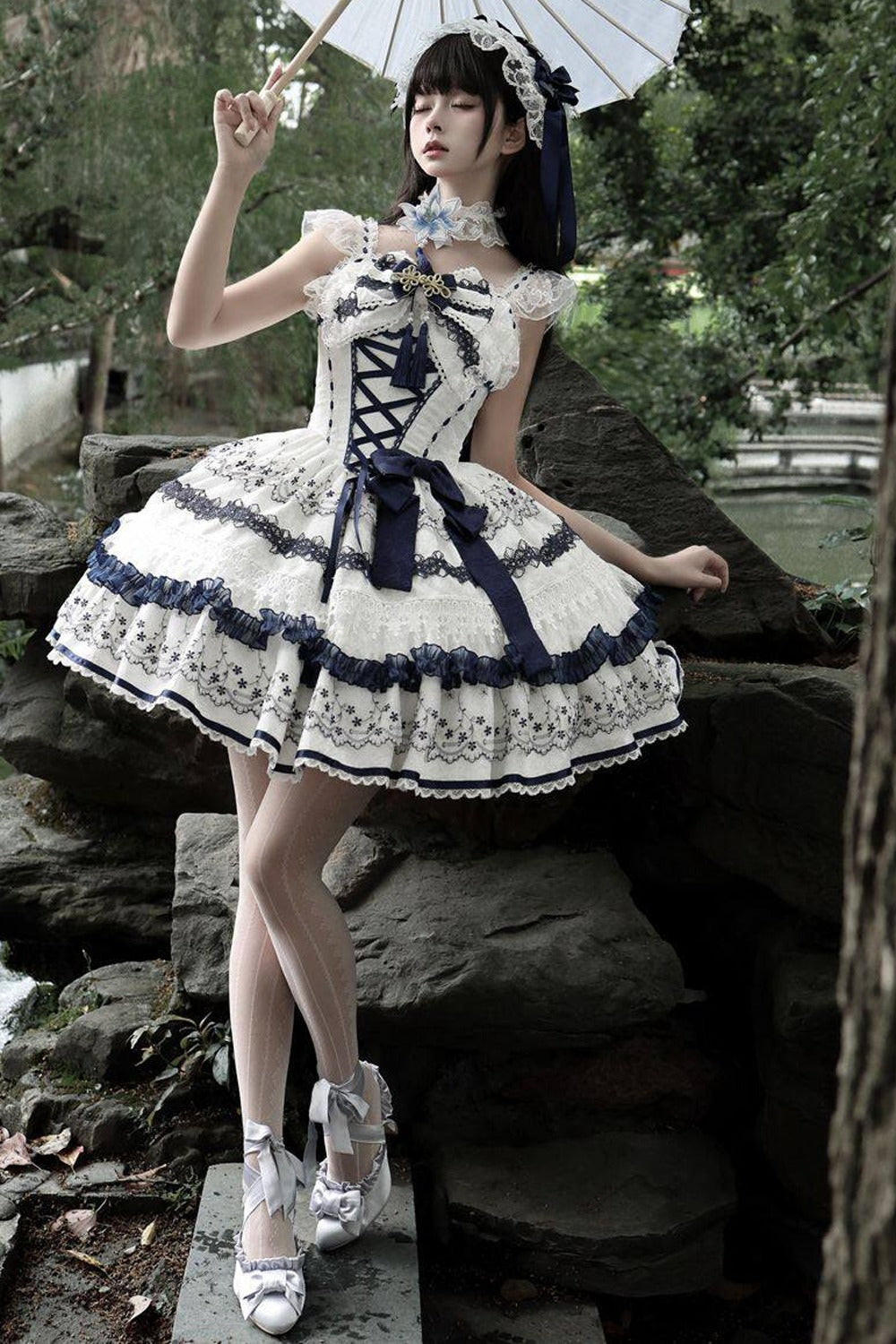 Blue and White Porcelain Jsk Suspender Dress