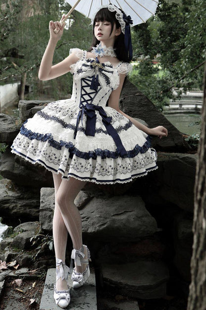 Blue and White Porcelain Jsk Suspender Dress
