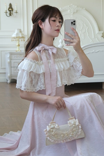 レースフリル清楚系ピンクロングワンピース