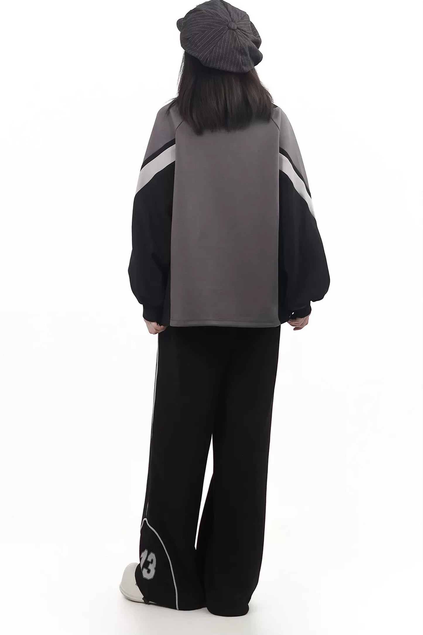 Black Gray Color Block Chain Tie Sweatshirt And Pants Set-Up