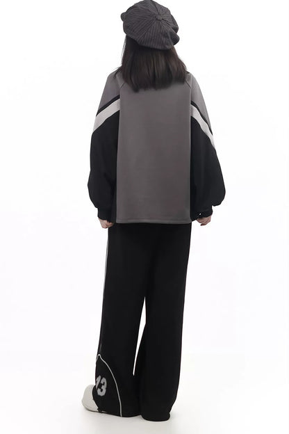 Black Gray Color Block Chain Tie Sweatshirt And Pants Set-Up
