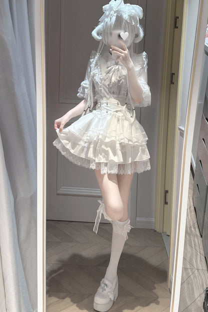 Cherry Short-Sleeved Lace Collar Shirt and Skirt Set-Up