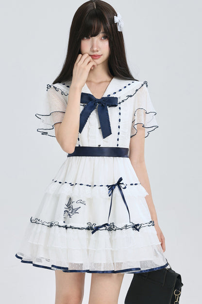 Navy Collar Bird Embroidery Tiered Ribbon Dress