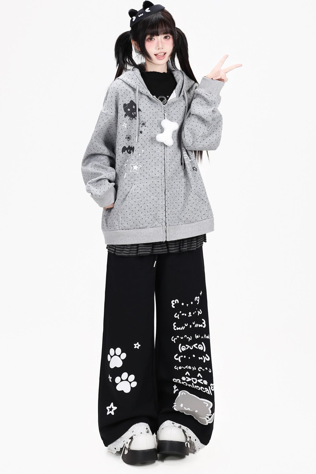 3D-Katzenohren-Kapuzenjacke mit Polka-Dots
