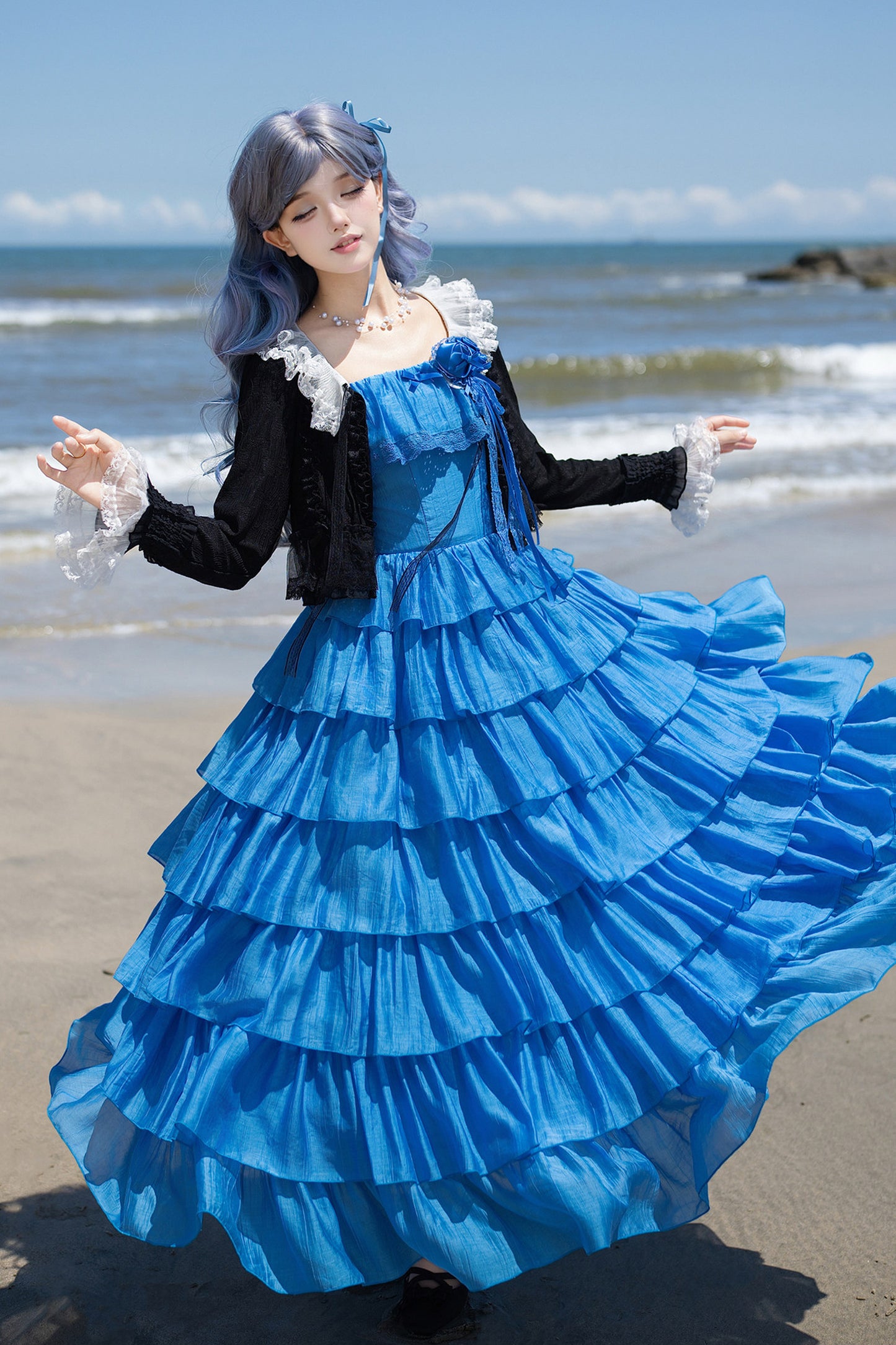 Seven-Layer Ruffle Square Neck Dress, Hair Accessory and Jacket Set-Up