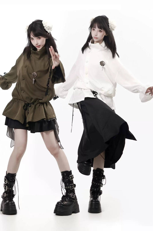 New Chinese Style Green White Design Jacket Skirt Set-Up