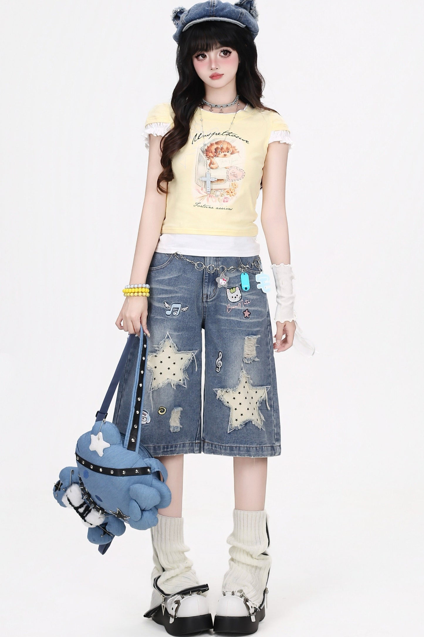 Dreamy-Cute Musical Note and Star Denim Shorts