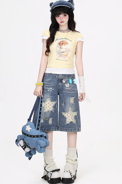 Dreamy-Cute Musical Note and Star Denim Shorts