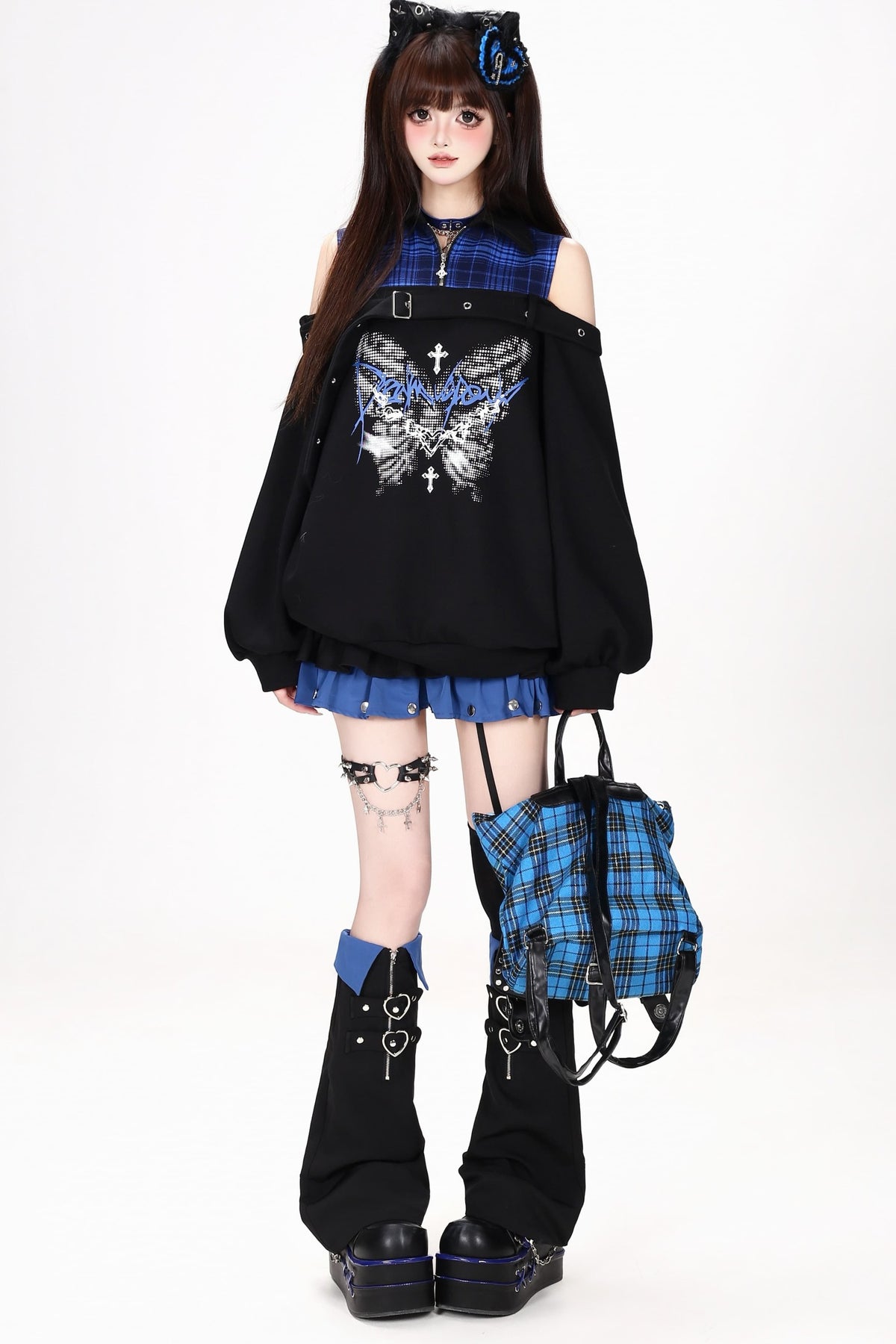 Plaid Butterfly Print Loose Sweatshirt