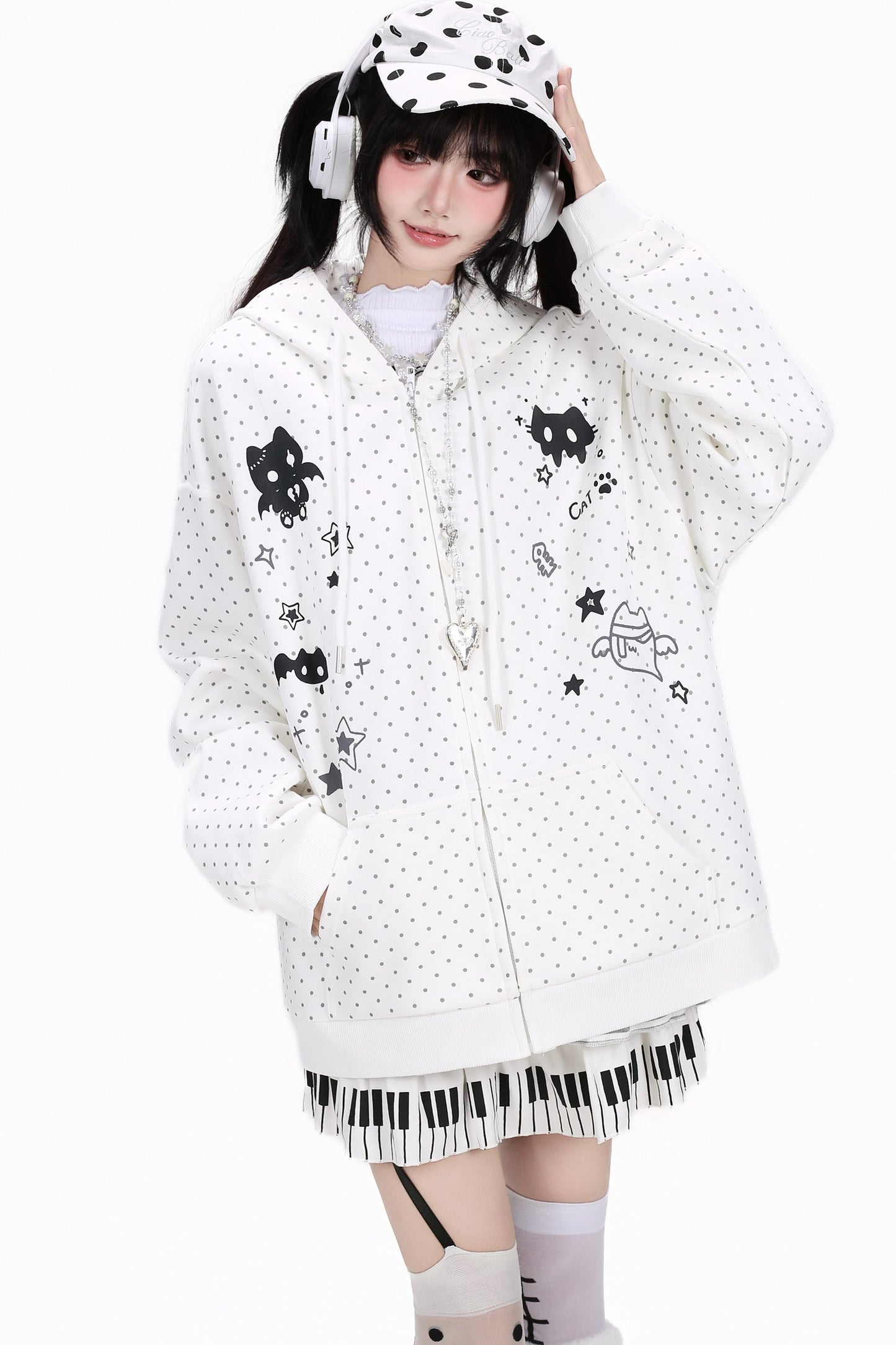 3D-Katzenohren-Kapuzenjacke mit Polka-Dots