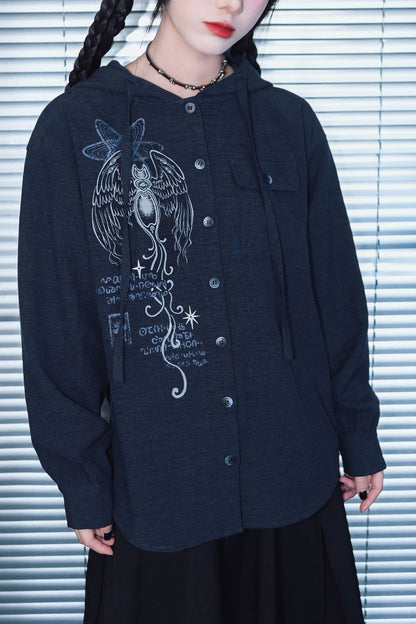 Sea Angel Hand-Drawn Print Hooded Shirt