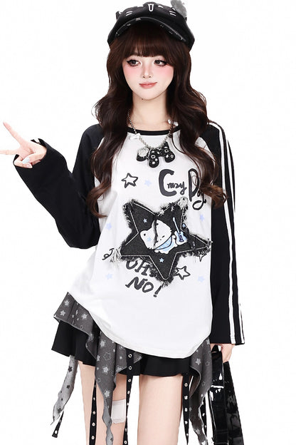 Star Cat Patch Raglan Loose T-Shirt
