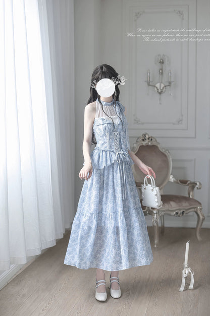 Elegant Print Halter Neck Long Dress
