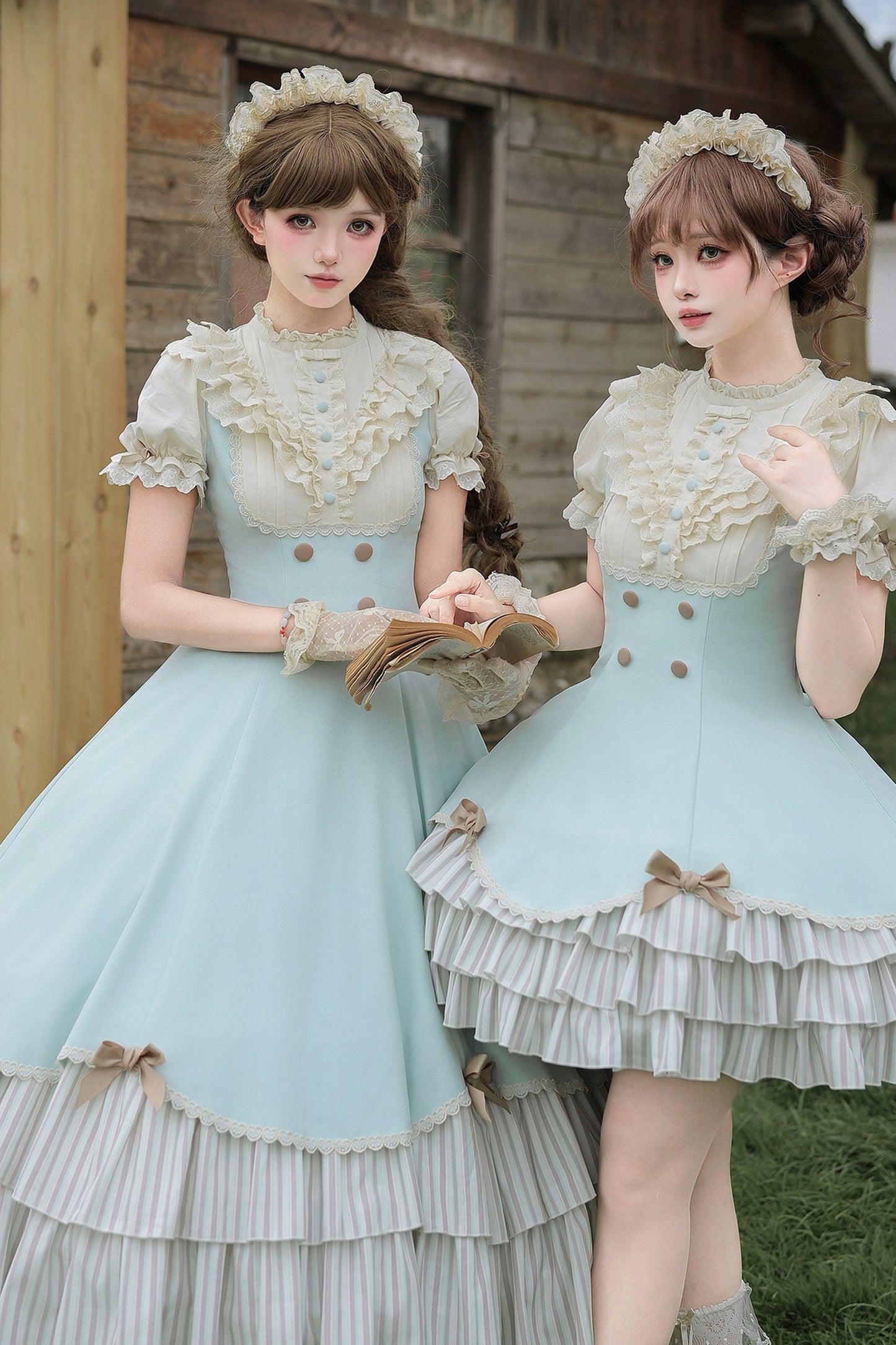 Lace Stand Collar Petal Hem Ruffle Dress