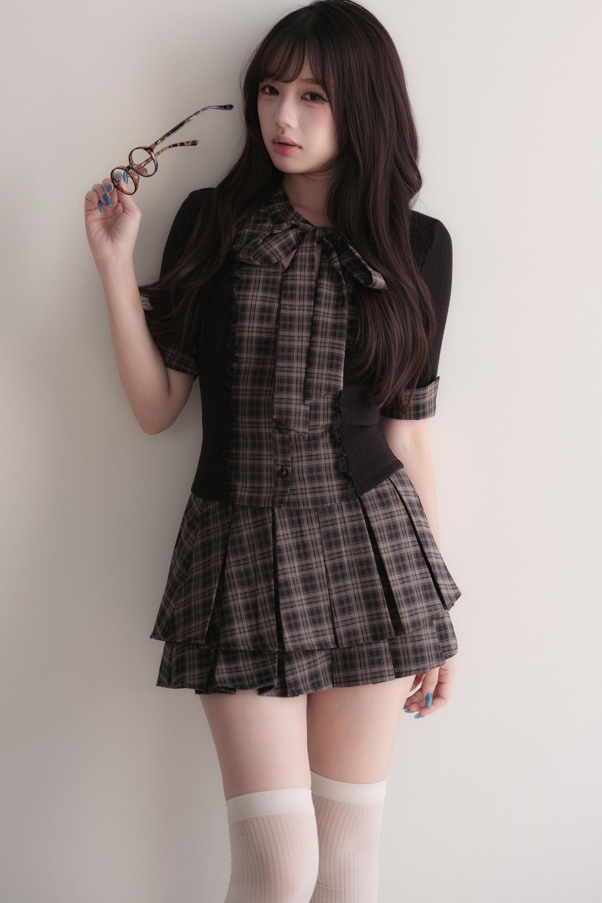 Plaid Patchwork Top and Skirt Set