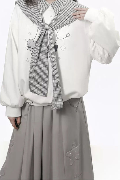 Star Plaid Shawl Sweatshirt Skirt Set-Up