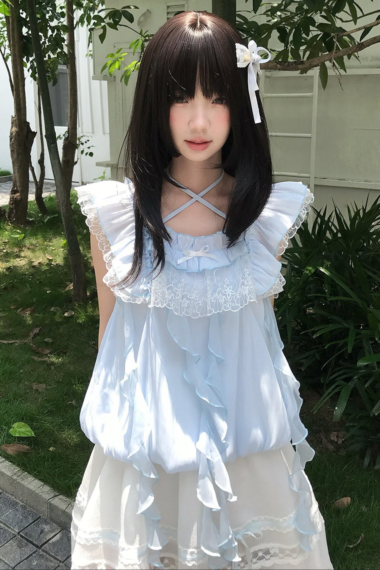 ミルキーブルー姫フリルトップス＋スカート
