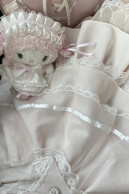 Cherry Short-Sleeved Lace Collar Shirt and Skirt Set-Up
