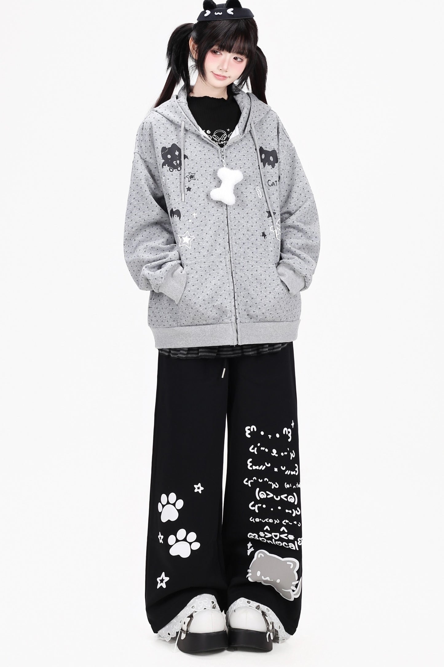 3D-Katzenohren-Kapuzenjacke mit Polka-Dots