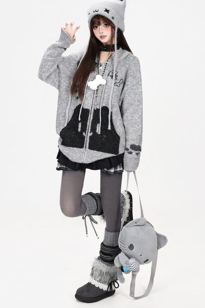 Cardigan en maille à capuche avec poche chat gris